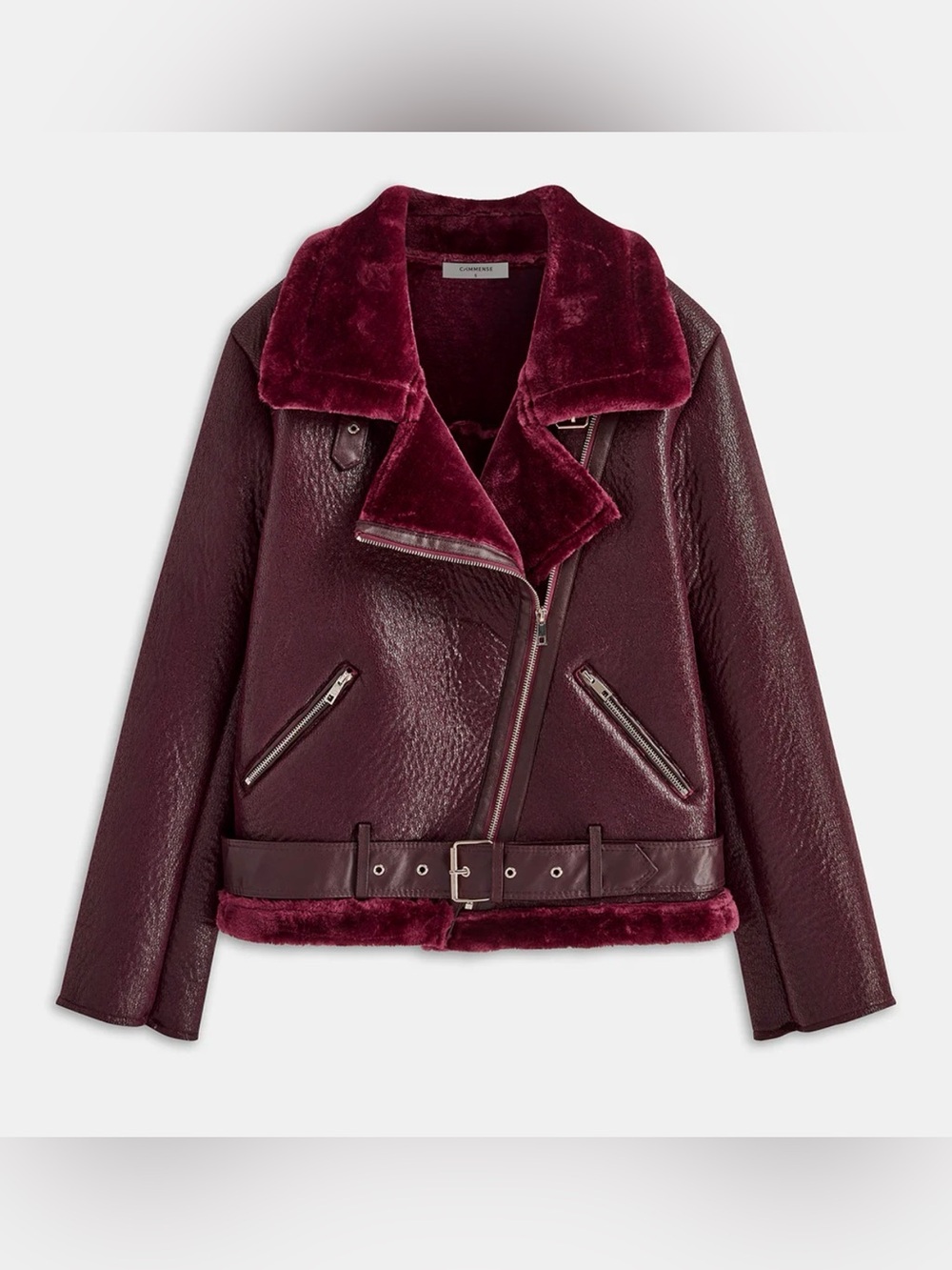 NWT Commense Burgundy Faux Fur Longline Contrast Cuff Aviator Jacket L